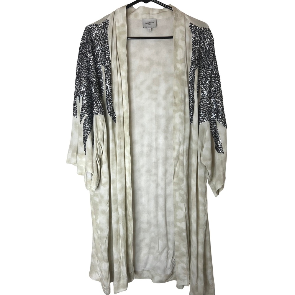 Haute Hippie Tribe Kimono Gray Sequin Duster Cream  XL Boho Chic Glam Edgy